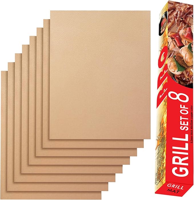 Copper Grill Mats for Outdoor Grill, Set of 8 BBQ Grill Mat for Outdoor Gas Grill, Non-Stick Copper Cooking Sheets, 15.75 X 13 Inch
