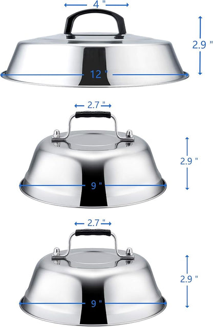 Metal Melting Dome Set of 3, Leonyo 12" & 9" Stainless Steel Basting Cover for Griddle Grill Top BBQ Flat Top, Steam Cover for Kitchen Cooking Burger Cheese