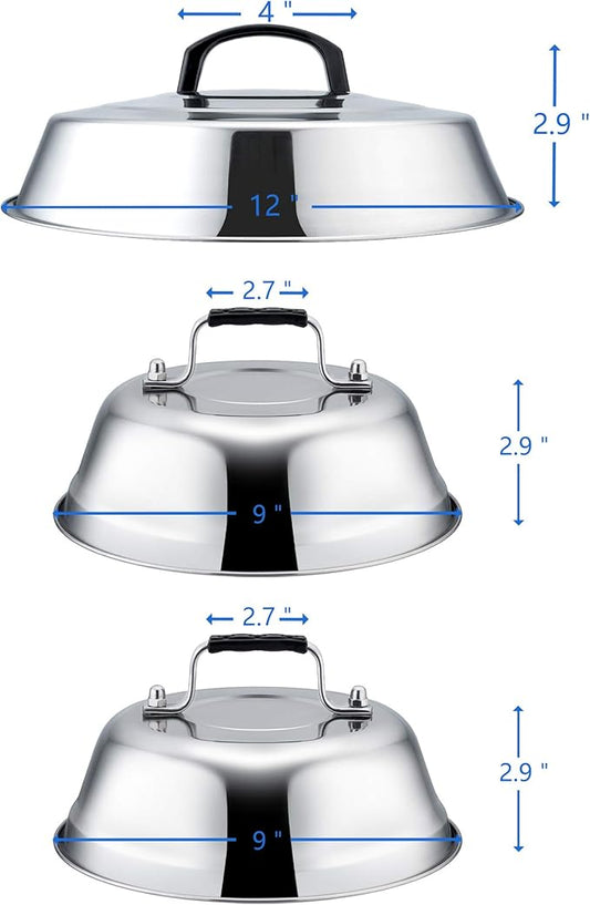 Metal Melting Dome Set of 3, Leonyo 12" & 9" Stainless Steel Basting Cover for Griddle Grill Top BBQ Flat Top, Steam Cover for Kitchen Cooking Burger Cheese