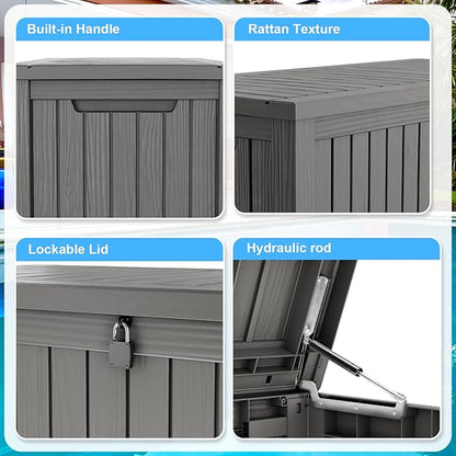 PatioZen 200 Gallon Deck Box,Resin Outdoor Storage Box with Lockable for Patio Furniture, Pool Accessories, Garden Tools Waterproof Outside Storage Box (Grey)