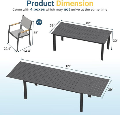 Wisteria Lane 9 Piece Aluminum Outdoor Dining Sets with 3-Adjustable Length Dining Table, 121" L×39.4" W Expandable Patio Table and Chairs Set for 8, Stackable Chairs with Quick Drying Fabric, Grey