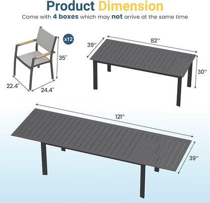 FansaFurn Patio Furniture Set with 121" Extendable Dining Table, Patio Table Set for 4–12 People, All-Weather Aluminum Outdoor Furniture, Outdoor Dining Set for Backyard, Porch, and Garde, Grey