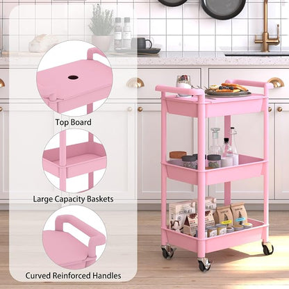 Steehoom 3-Tier Utility Rolling Cart with Cover Top Board, Mobile Utility Cart with Lockable Casters Multi-Functional Storage Trolley for Office, Bathroom, Kitchen, Garden, Laundry Room (Pink)