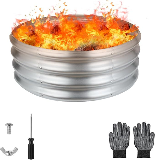 Raynesys 24 Inch Round Galvanized Fire Pit Ring, Silver Round Galvanized Fire Ring, 2 Feet Diameter Fire Pit, Outdoor Pits for Backyard, Camping, Bonfire