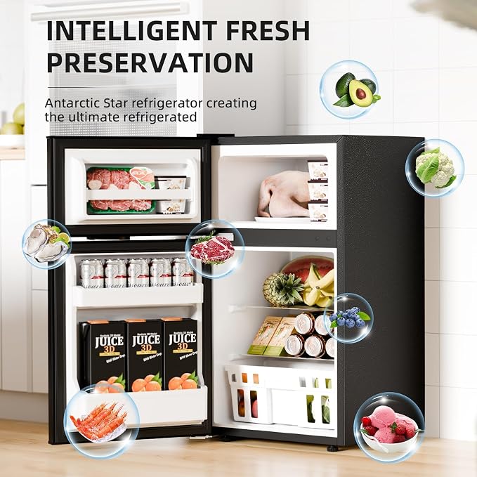 Antarctic Star Compact Refrigerator,4.5 Cu.Ft. Mini Separate Freezer Double 2-Door Adjustable Removable Shelves for Apartment/Dorm/Office,BLACK