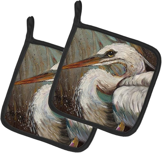 Caroline's Treasures JMK1212PTHD White Egret Pair of Pot Holders Kitchen Heat Resistant Pot Holders Sets Oven Hot Pads for Cooking Baking BBQ, 7 1/2 x 7 1/2