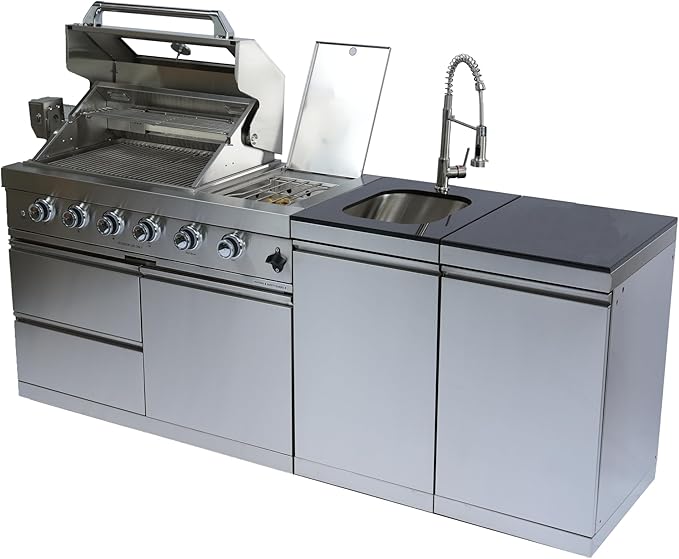 85" Natural Gas Outdoor Kitchen Island - 46-Inch 4-Burner 72,000 BTU Stainless Steel Grill Side B Rotisserie Granite Countertops Storage Cabinets&Drawers Stainless Steel Sink/Faucet,Silver