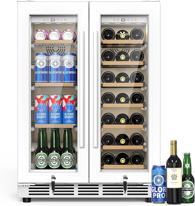 24 Inch Dual Zone Wine and Beverage Refrigerator - Under Counter Built-in/Free Standing Beverage Cooler with Glass Door,Beverage Fridge with Large Capacity, Advanced Cooling System, White