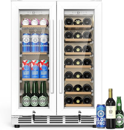 24 Inch Dual Zone Wine and Beverage Refrigerator - Under Counter Built-in/Free Standing Beverage Cooler with Glass Door,Beverage Fridge with Large Capacity, Advanced Cooling System, White