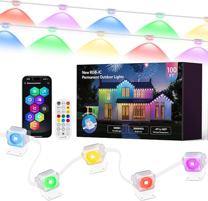 Permanent Outdoor Lights for House,100FT RGB+IC Smart Lights | 60 LEDs,App/Remote Control,IP67 Waterproof,DIY Color-Changing String Lights For Eaves,Xmas,Halloween And Party Decor