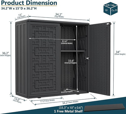 HOMSPARK Indoor/Outdoor Storage Cabinet with Doors and Shelf, 34”x15”x36” HDPE Plastic Storage Box Waterproof for Patio, Garden, Balcony, Multi-Purpose for Daily Tools, Black