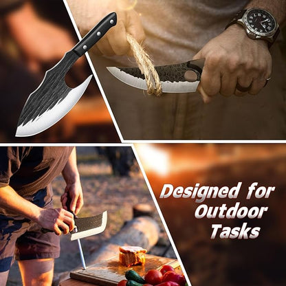 TIJERAS Butcher Knife Set For Meat Cutting, 3PCS Hand Forged Camping Knife Set With Ergonomic Handle, High Carbon Steel Meat Bone Cleaver for Kitchen Camping BBQ, Birthday Gifts for Men Women
