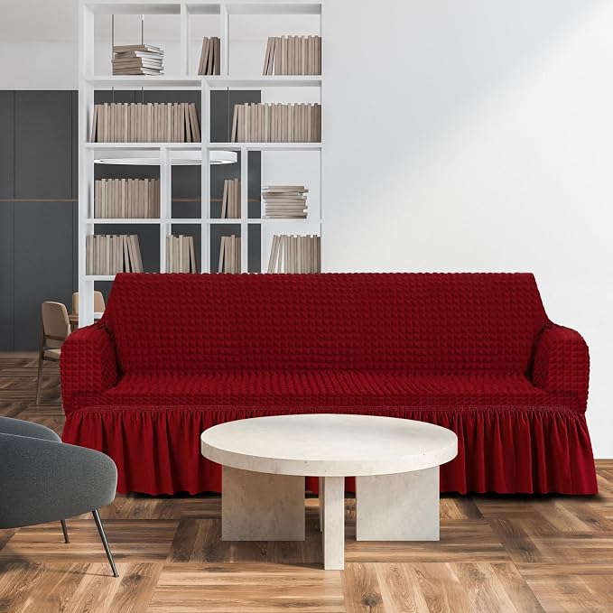 Fanfanwin 3 Pcs Sofa Slipcover Set for Couch Cushion Durable Washable High Elastic Stretchable Furniture Couch Covers with Skirt for Sofa Loveseat Arm Chair(Burgundy,Seersucker)
