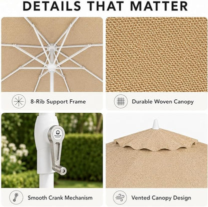 Treasure Garden 9ft Patio Umbrella - Outdoor Furniture Market Umbrella – Deluxe Auto-Tilt – White Aluminum Frame (Sunbrella, Heather Beige)