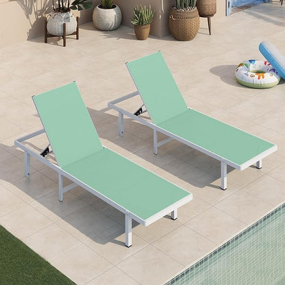 Pool Lounge Chairs Set of 2, Aluminum Outdoor Lounge Chairs with Wheels and 5-Position Recliner -Easy to Move- Patio Chaise Lounge Outdoor for Poolside, Deck, Beach (LightGreen)