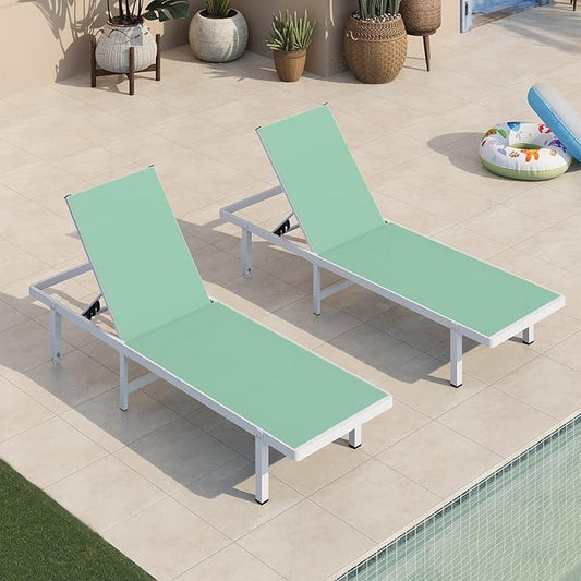 Pool Lounge Chairs Set of 2, Aluminum Outdoor Lounge Chairs with Wheels and 5-Position Recliner -Easy to Move- Patio Chaise Lounge Outdoor for Poolside, Deck, Beach (LightGreen)