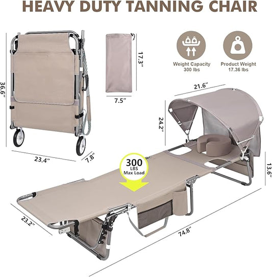 Wheel-To-Go Tanning Chair with Wheels Sun Canopy Umbrella Face Hole Thicker Washable Adjustable, Heavy Duty Folding Lay Flat Sun Lounge Chair Beach Outside Sunbathing Reading, UPF 50+ (Patent Design)