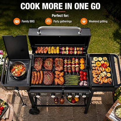 3-in-1 Outdoor BBQ Grill Combo – Gas & Charcoal Grill with Side Burner, Large Cooking Area, Multi-Function Barbecue Grill with Side Shelves & Wheels for Backyard, Patio & Party