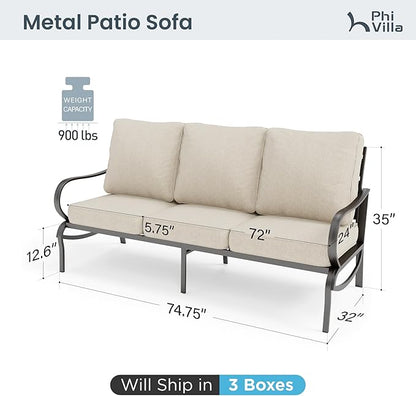 PHI VILLA Metal Patio Sofa with 5.75" Extra-Thick Waterproof Cushion, 3 Seater Deep Seat & High Back Outdoor Couch, All Weather Porch Furniture for Deck Backyard Front Porch Apartment,Beige