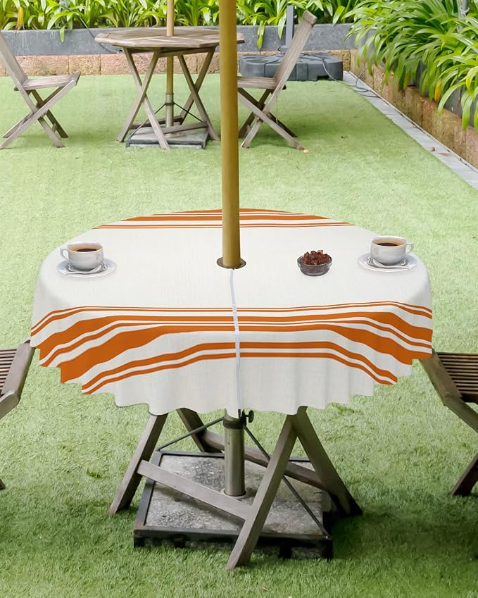 QueenKer Fall Outdoor Tablecloth with Umbrella Hole, Farmhouse Orange Stripe Round Tables Zippered Table Cloth Waterproof Tabletop Table Cover Collection for Patio, Garden, Picnic, Camping, Dining