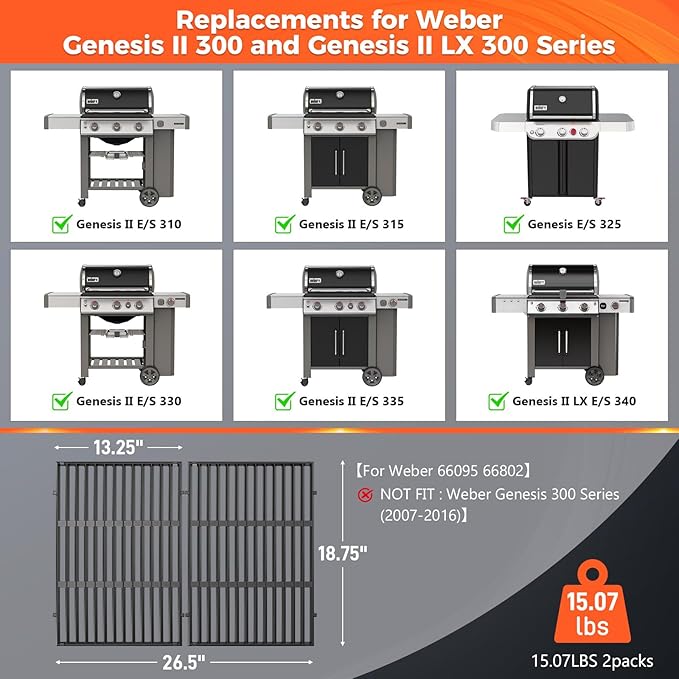 Genesis ii Grill Grates for Weber Genesis II 300 and Genesis II LX 300 Series Grills, Genesis II E&S 310 315 320 325 340, 18.75" Grill Parts for Weber Genesis 2, Weber 66095 66802,66805, Cast Iron