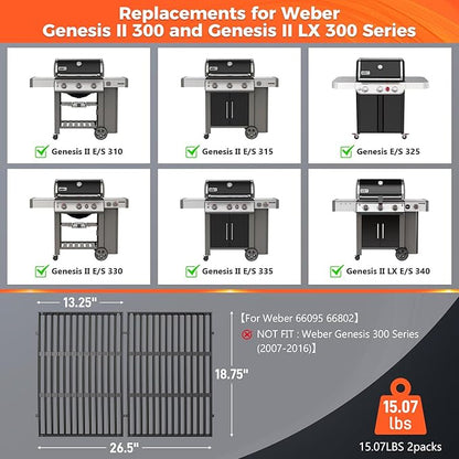 Genesis ii Grill Grates for Weber Genesis II 300 and Genesis II LX 300 Series Grills, Genesis II E&S 310 315 320 325 340, 18.75" Grill Parts for Weber Genesis 2, Weber 66095 66802,66805, Cast Iron