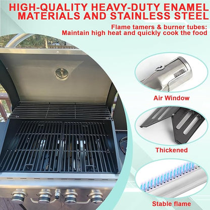 4 Packs Porcelain Steel Heat Plate and 4 Packs Burner Tube for Captiva Designs 4-Burner Propane Gas BBQ Grill with Side Burner,Replacement Parts for Outdoor Cooking Kitchen and Patio Backyard Barbecue