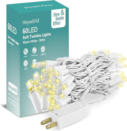Heyworld Slow Twinkle Christmas Lights, 60 LED 17ft UL Certified Soft String Lights, 5mm Waterproof Fairy Glow for Indoor/Outdoor Christmas, Wedding, Garden Decor