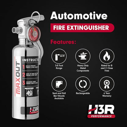 MaxOut Compact Fire Extinguisher for Vehicles – Cars, Trucks, UTVs, RVs & Boats | Off-Road Ready | Refillable Purple K Dry Chemical | Class BC | Mounting Bracket | UL Listed | Chrome 1.0 lb