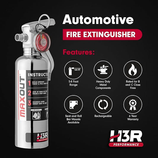 MaxOut Compact Fire Extinguisher for Vehicles – Cars, Trucks, UTVs, RVs & Boats | Off-Road Ready | Refillable Purple K Dry Chemical | Class BC | Mounting Bracket | UL Listed | Chrome 1.0 lb