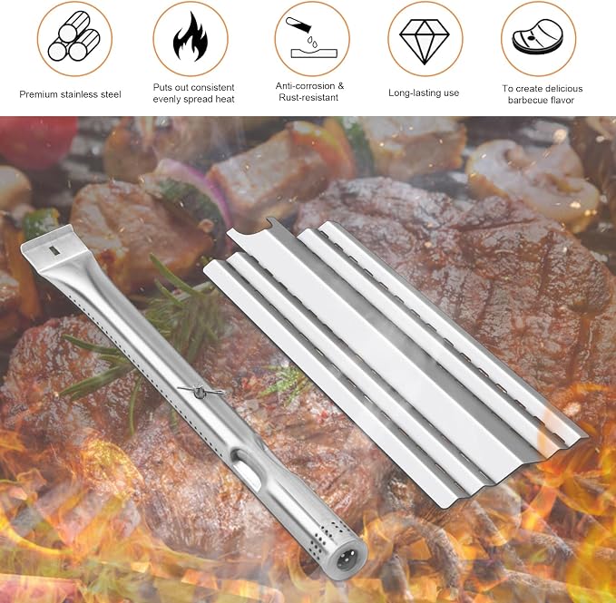 Grill Replacement Parts for Kenmore 415.23667310, Charbroil 463439915 | Zemibi 14.75" Grill Heat Plates, Burner Tubes and Adjustable Crossover Tube, 4 Pack, Stainless Steel
