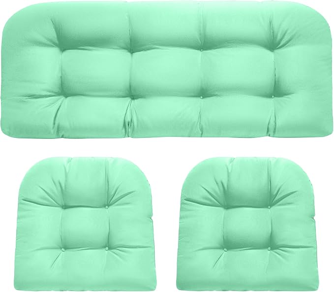 DANGHOOGY Wicker Chair Cushions, Waterproof Outdoor Loveseat Cushions for Patio Furniture, Tufted Wicker Furniture Cushions, 1 Loveseat and 2 U-Shaped Cushions, Cyan