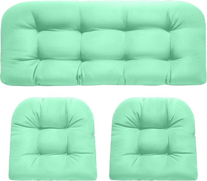DANGHOOGY Wicker Chair Cushions, Waterproof Outdoor Loveseat Cushions for Patio Furniture, Tufted Wicker Furniture Cushions, 1 Loveseat and 2 U-Shaped Cushions, Cyan