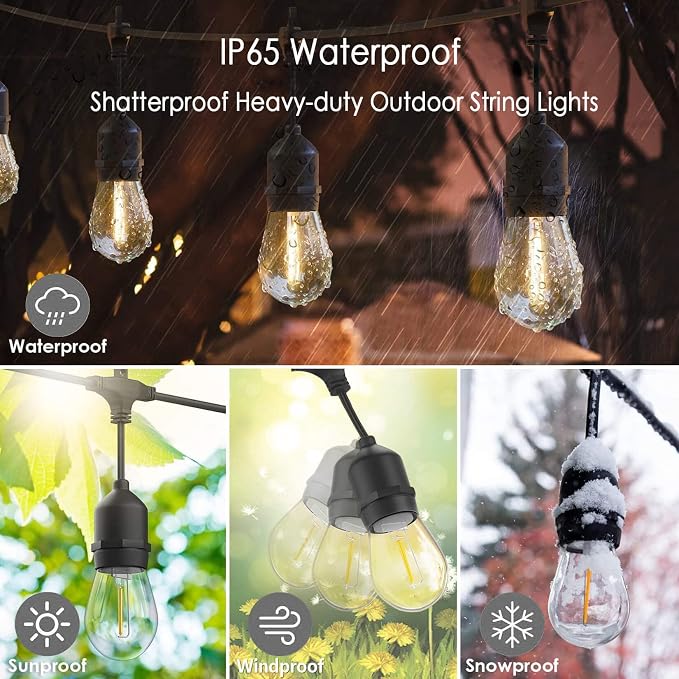 120FT Outdoor String Lights Waterproof with 40 Shatterproof Edison Bulbs | Patio String Lights Bistro Lights Outdoor for Backyard Gazebo Pergola Market