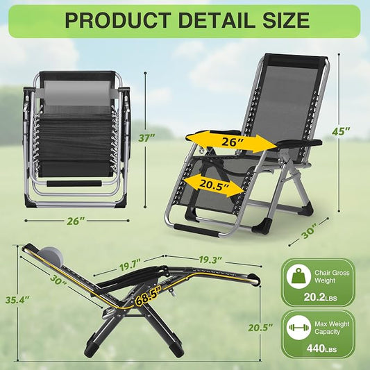 Suteck Zero Gravity Chairs Set of 2, Reclining Camping Chair with Cushion | Anti Gravity Recliner Lounge Chair with Aluminum Alloy Lock & Cup Holder, 90-170° Adjustable, for Lawn Patio Indoor
