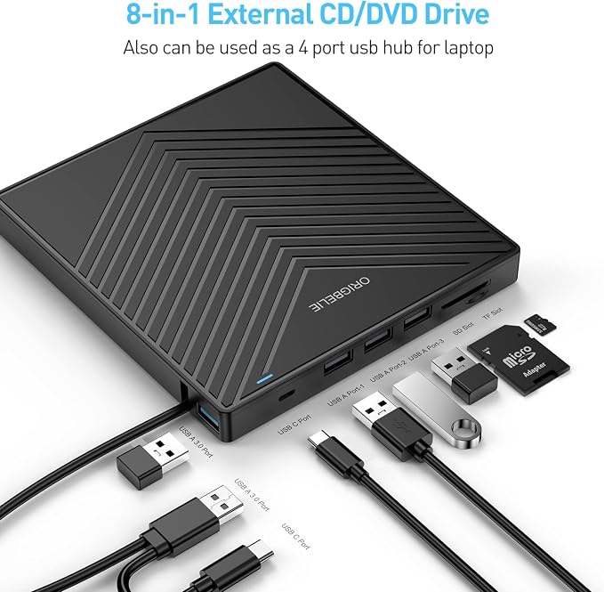 ORIGBELIE External CD DVD Drive, USB 3.0 & 4 USB Ports & 2 TF/SD Card Slots | Ultra Slim CD DVD ROM Player Burner Reader Writer Rewriter Optical Disk Drive for Laptop PC Mac OS Windows 11/10/8/7 Linux