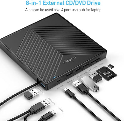 ORIGBELIE External CD DVD Drive, USB 3.0 & 4 USB Ports & 2 TF/SD Card Slots | Ultra Slim CD DVD ROM Player Burner Reader Writer Rewriter Optical Disk Drive for Laptop PC Mac OS Windows 11/10/8/7 Linux