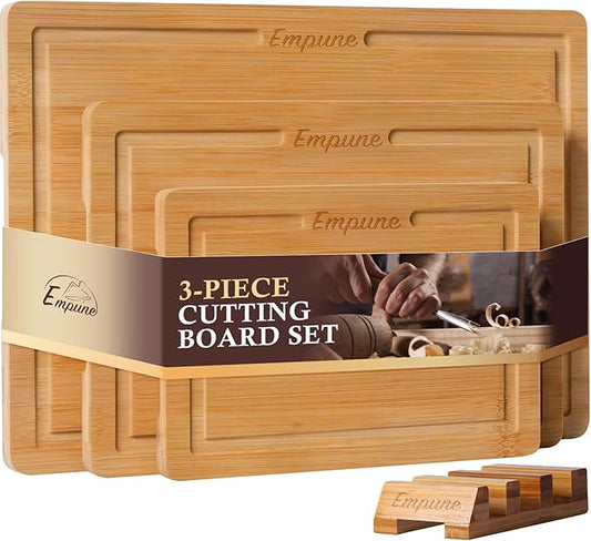 Bamboo Cutting Boards for Kitchen, 3 Piece Extra Thick Cutting Board Set with Juice Groove, Deep Carbonized Bamboo Chopping Board, Reversible Wood Cutting Board for Meat, Charcuterie & Serving