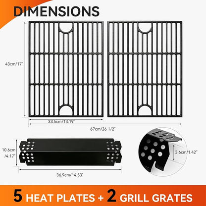 Grill Parts for Home Depot Nexgrill 4 Burner 720-0830H, 5 Burner 720-0888N, 720-0888 Gas Grill Models, Porcelain Steel Heat Plate Flame Tamer + 13 x 17 Cast Iron Grill Grates