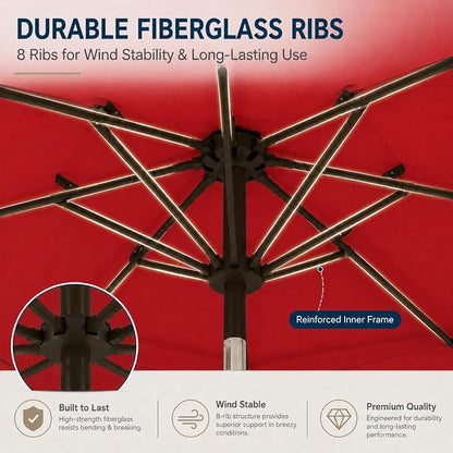 10ft Patio Umbrella, 3-Tier Vented Outdoor Table Umbrella with 8 Sturdy Fiberglass Ribs, Windproof Market Umbrella with Push Button Tilt and Crank, UV Protection for Deck, Pool, Red