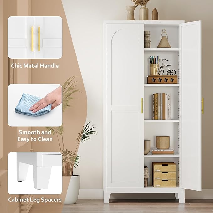 Zevemomo 71" Metal Pantry Cabinet, Tall Metal Storage Cabinet for Kitchen | Steel Cabinet with 2 Doors and 4 Adjustable Shelves, Freestanding Cupboard for Kitchen, Bathroom, Dinning Room or Laundry