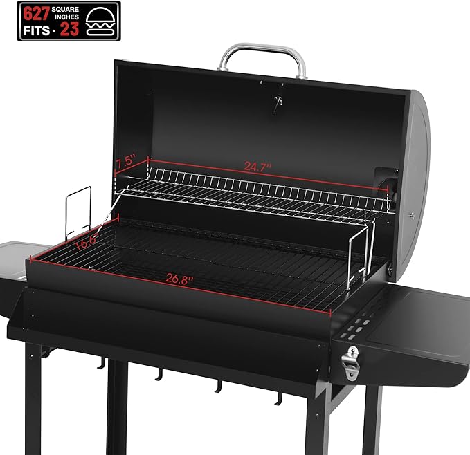 30-Inch Charcoal Grill with Side Table and Front Storage Basket, Outdoor Cooking Grill with 627 sq.in. Cooking Space, for Backyard, Patio and BBQ Party, CC-AMZ-1830T, Black