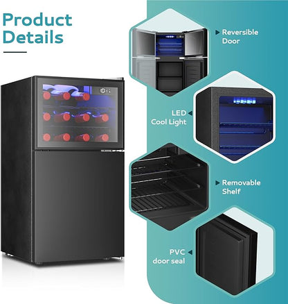 EUHOMY Double Door Mini Fridge With Freezer, Freestanding Wine Cooler Refrigerator With Reversible Door, Compact Refrigerator Temperature Control, Wine Fridge Perfect For Kitchen Home Office.