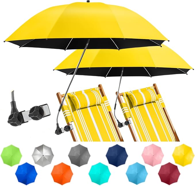 2 PACK Beach Umbrella with Clamp, 360 ° Adjustable Umbrellas for Chair, UPF50+ Umbrella for Beach Chair, Patio Chair, Wheelchair, Camping Chair, Golf Carts (Chair Not Included)
