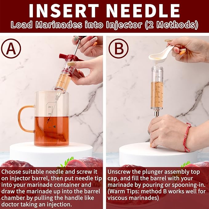 Turkey Meat Injector Syringe Kit with 3 Marinade Needles for BBQ Grill Smoker, 1 Cleaning Brush, 1 Oz/30 ml Large Capacity Injector Marinades for Meats Red