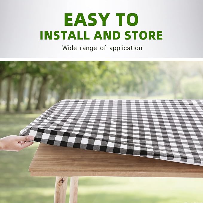 UMINEUX Picnic Table Cover with Bench Covers Fitted Table Clothes for 8 Foot Rectangle Tables Vinyl Flannel Backing with Elastic Edge -for Outdoor/Indoor Party Dining(30 x 96 Inch,3-Pcs,Black Plaid)