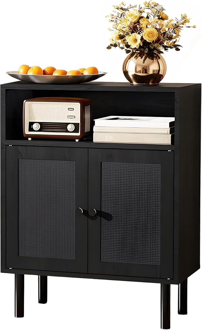 Rattan Storage Cabinet, Boho Accent Cabinet with Double Doors | Small Freestanding Sideboard for Hallway, Laundry Room,Kitchen, Dining Room, Entryway (Black)