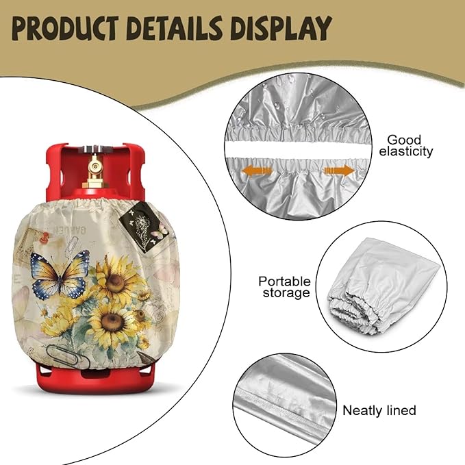 Camper Propane Tank Cover Butterfly Sunflower 20 lb Propane Tank Cover Protective Covers for Grill, Travel Trailer RV, and Outdoor Use Windproof Weatherproof Gas Covers