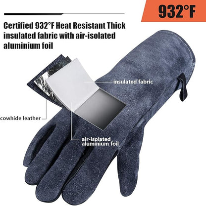 OZERO 14 Inch Heat Resistant Welding Gloves, 20% Thicker Split Cowhide EN407 Certified Fire Gloves 932℉ for Grill Oven Fireplace-Gray