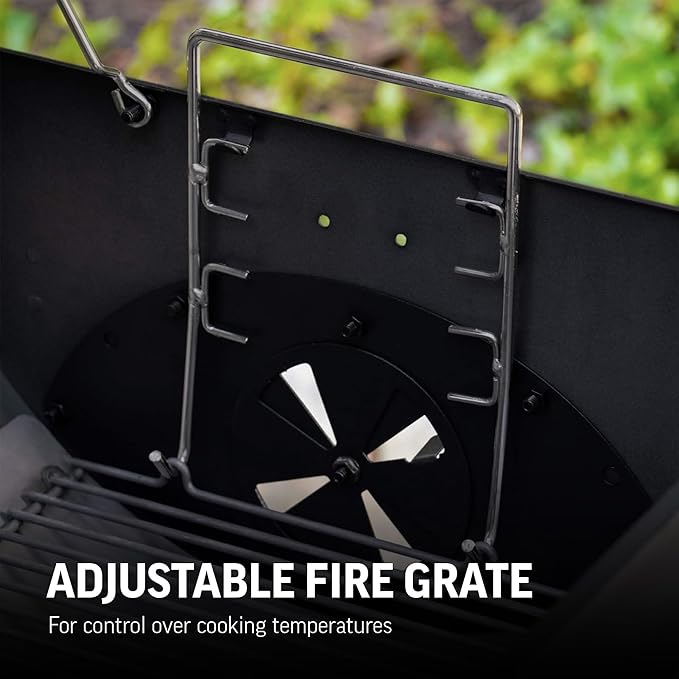 Char-Griller® Wrangler® Charcoal Grill in Black with Metal Shelves, EasyDump™ Ash Pan, Premium Wood Front and Side Shelves with Utensil Hooks, 640 Cooking Square Inches in Black, Model 2823